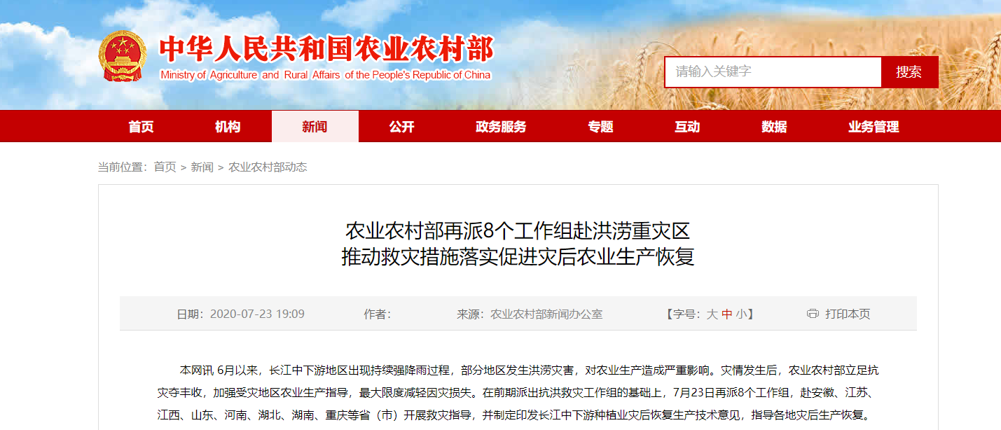 農業農村部再派8個工作組赴洪澇重災區 促進災后農業生產恢復