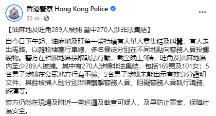 香港旺角等地現非法集結 港警逮捕至少289人