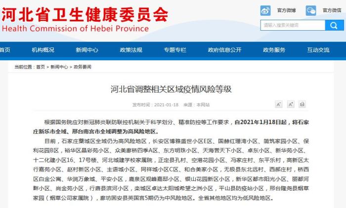 石家莊新樂市全域、邢臺南宮市全域調整為高風險地區(qū)