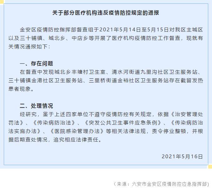 安徽六安金安區：4家醫療機構截留發熱患者，責令停業整頓