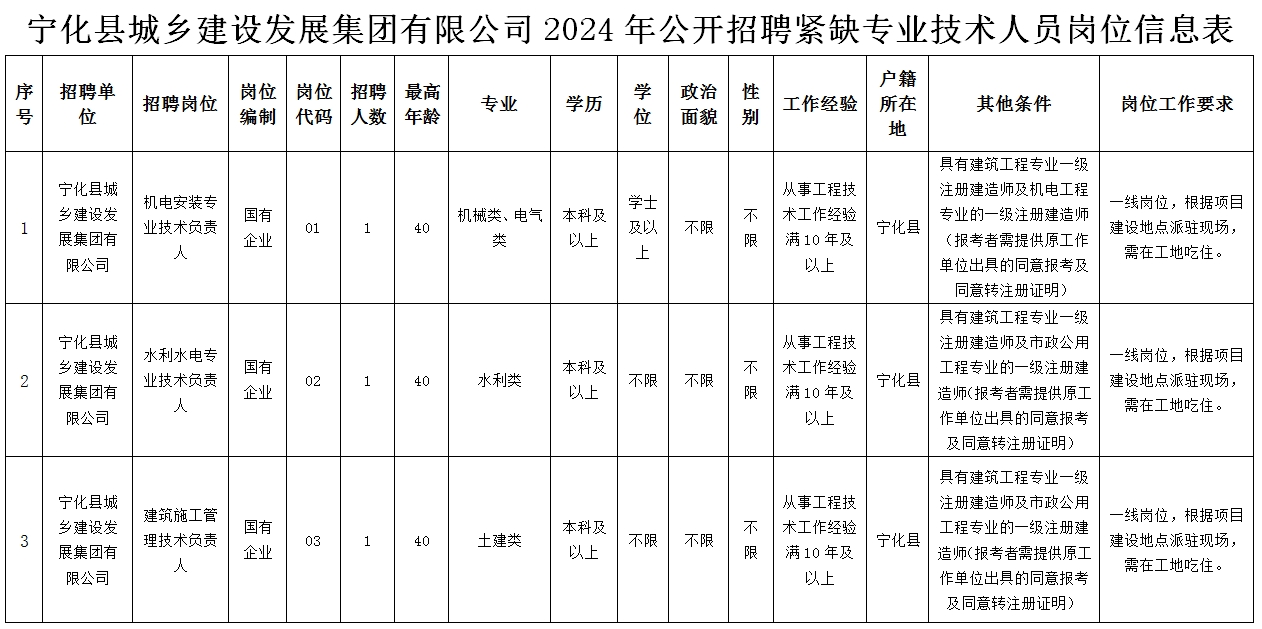福建省寧化縣勞務(wù)派遣服務(wù)有限公司關(guān)于縣城鄉(xiāng)建設(shè)發(fā)展集團(tuán)有限公司2024年公開(kāi)招聘緊缺專業(yè)技術(shù)人員通告